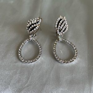 Vintage 90s Fantastic Silver Tone Rhinestone Post/Clip Hoop Earrings 2” drop